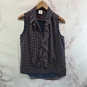 CAbi Tank Top Womens XS Blue Blouse Reign Layer 3275 V Neck Ruffle Medallion